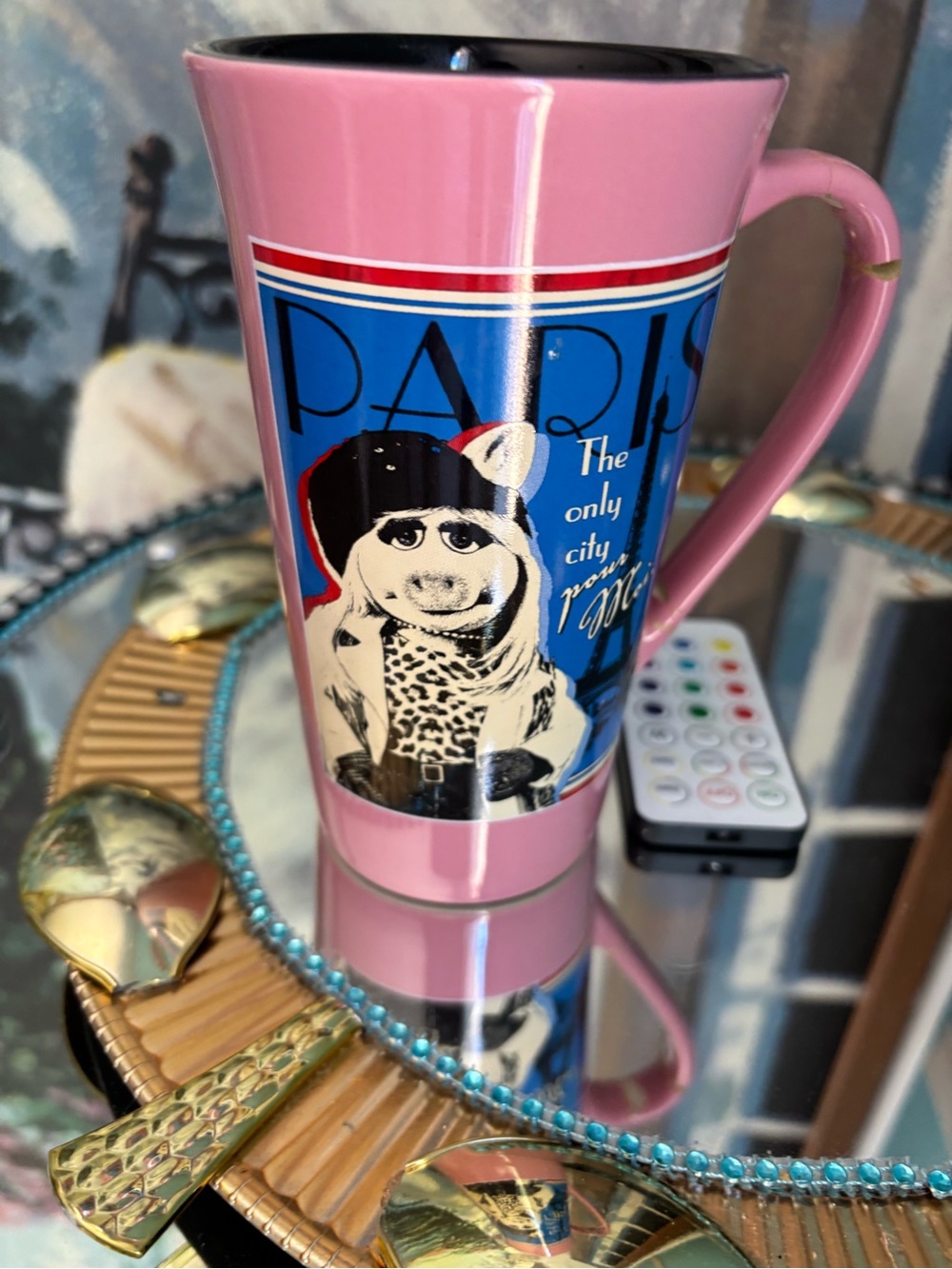Pink Paris Graphic Ceramic Travel Mug. Miss piggy ceramic Disney mug vintage